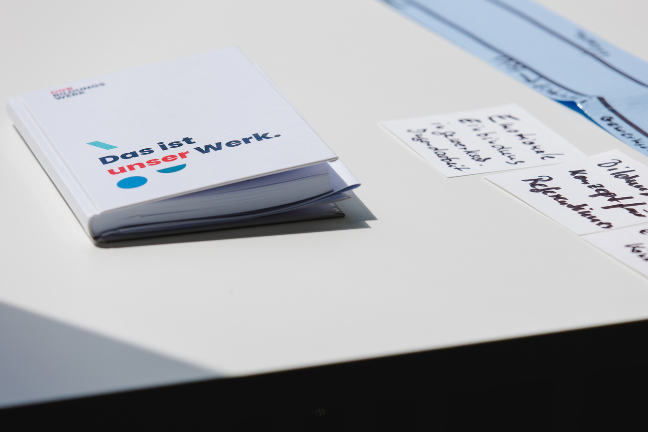 Ein weißes Heft mit der Aufschrift „Das ist unser Werk.“ liegt auf einer weißen Oberfläche. Daneben befinden sich mehrere kleine handgeschriebenen Zettel.