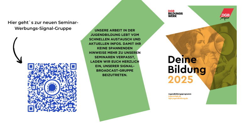 Zu sehen ist ein cr-code und das programm der DGb Jugend 2025