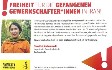 Postkarte einer Aktion von gewerkschaftsfreiheit International. Für die Freilassung von Gewerkschafterin Mohammadi im Iran.